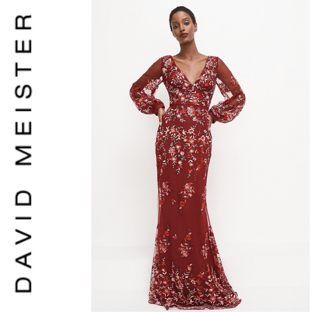 David Meister Floral Embroidered Gown 4